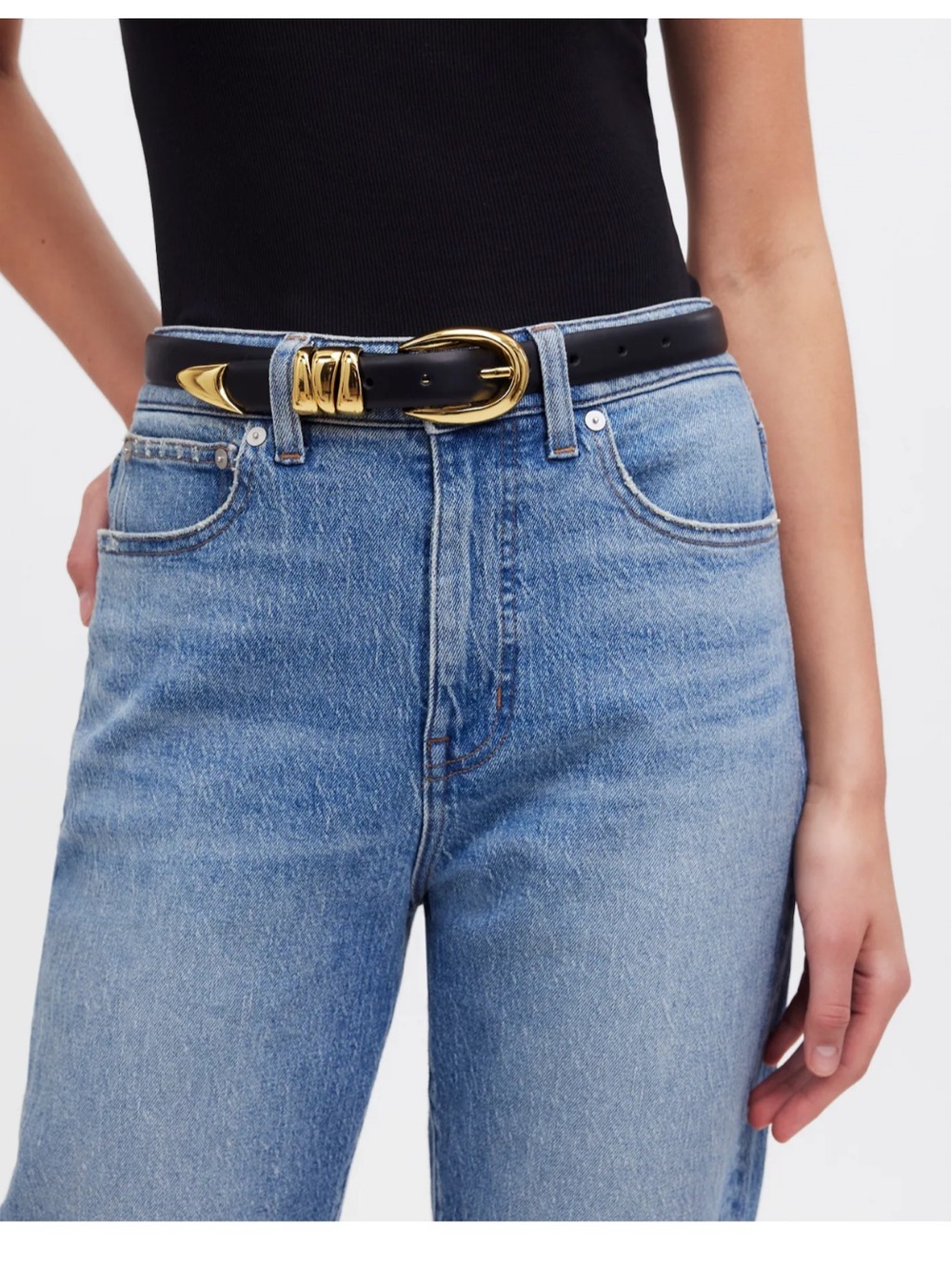 Madewell Black Leather Belt with Gold-Tone Western Buckle